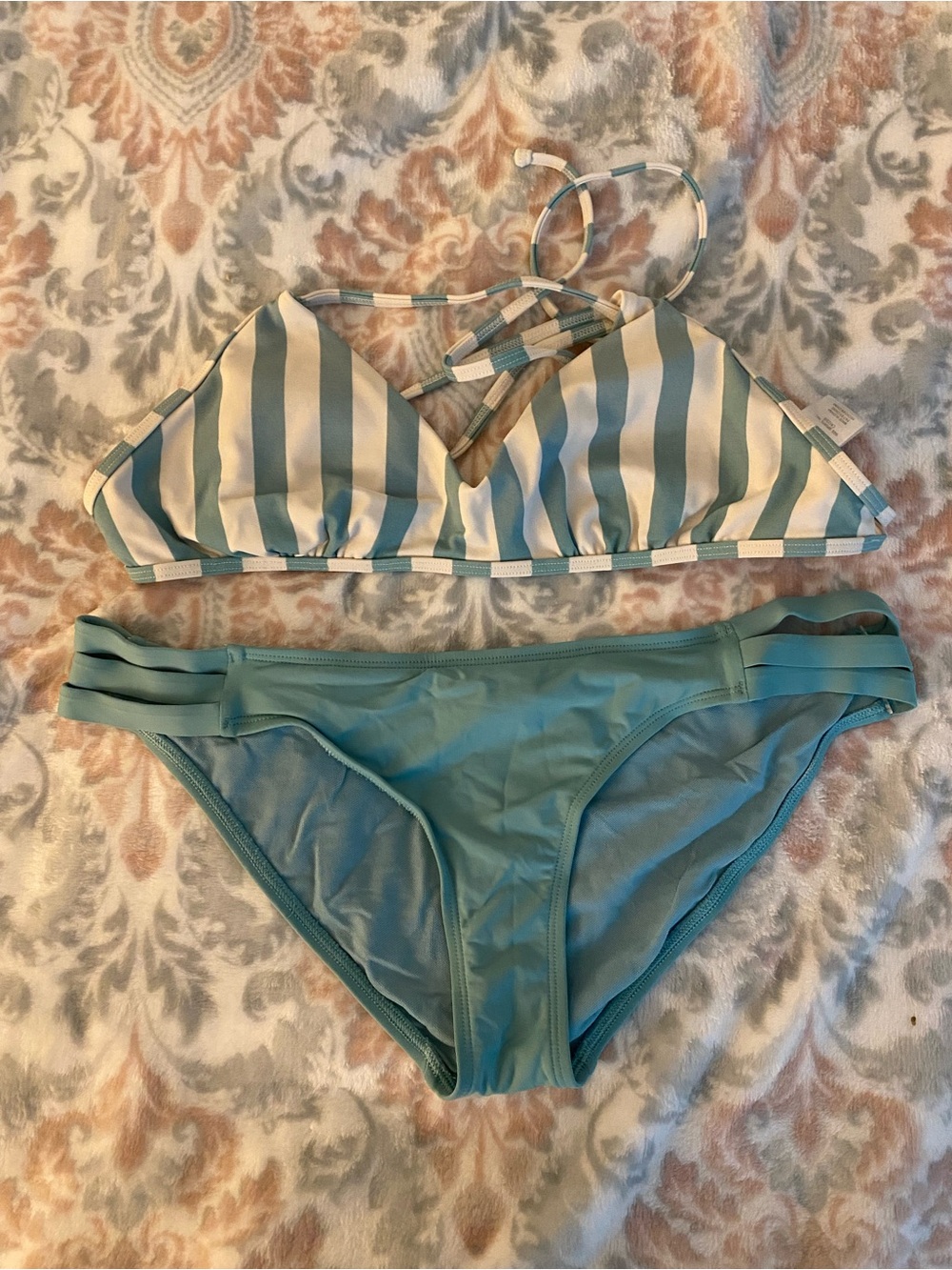 Striped Triangle Bikini Top & Solid Sage green Bikini Bottoms